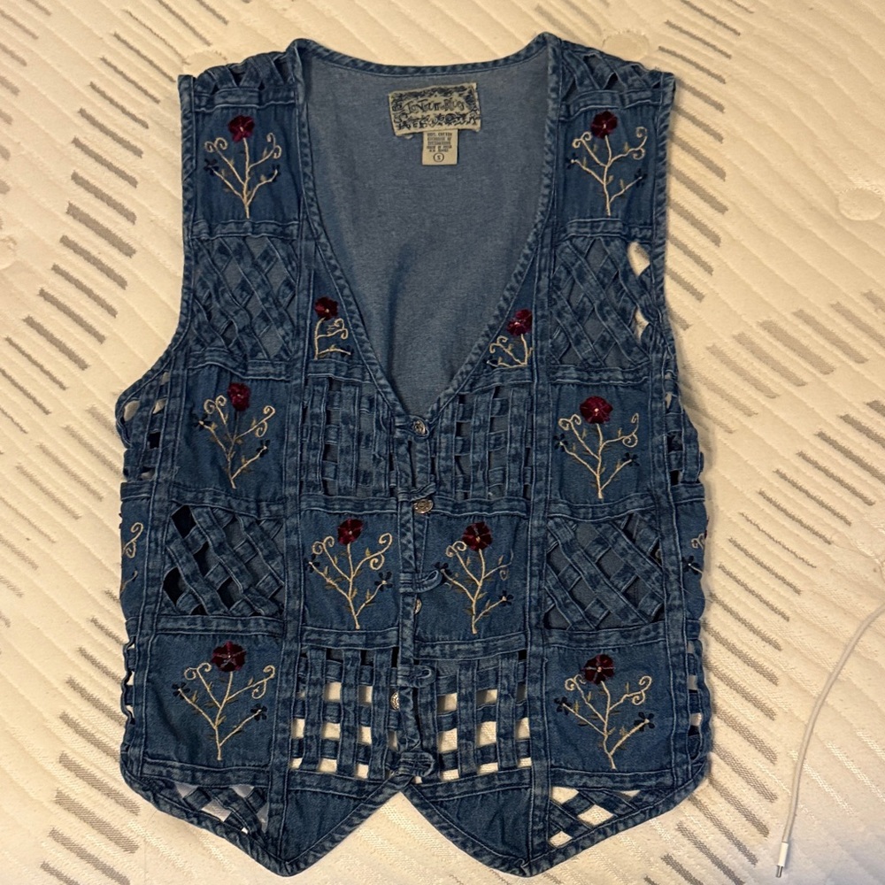 Embroidered Denim Vest with Floral Accents